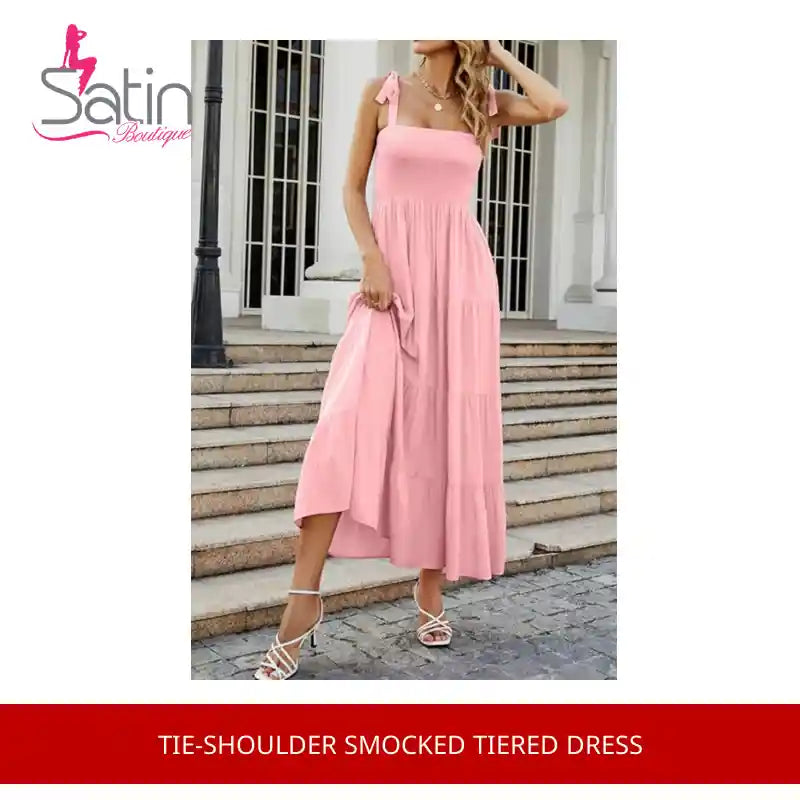 Tie-Shoulder Smocked Tiered Dress by@Outfy