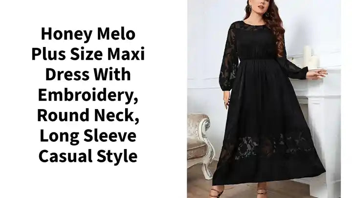 Honey Melo Plus Size Maxi Dress with Embroidery, Round Neck, Long Sleeve Casual Style by@Outfy