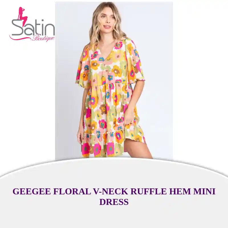 GeeGee Floral V-Neck Ruffle Hem Mini Dress by@Outfy