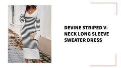 Devine Striped V-Neck Long Sleeve Sweater Dress by@Outfy