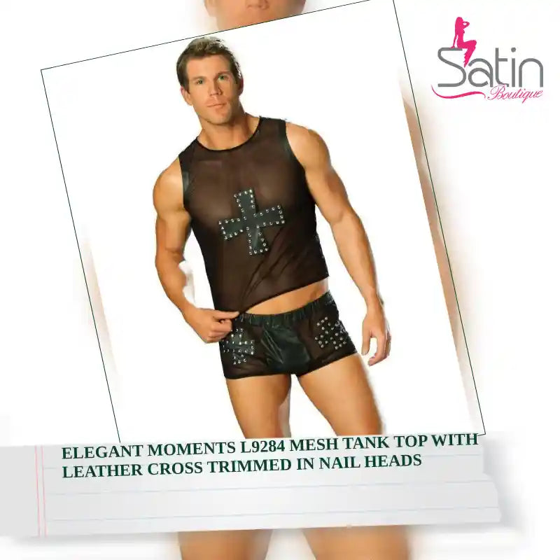 Elegant Moments L9284 Mesh tank top with leather cross trimmed in nail heads by@Outfy