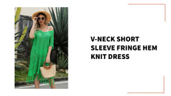 V-Neck Short Sleeve Fringe Hem Knit Dress by@Outfy