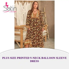 Plus Size Printed V-Neck Balloon Sleeve Dress by@Outfy