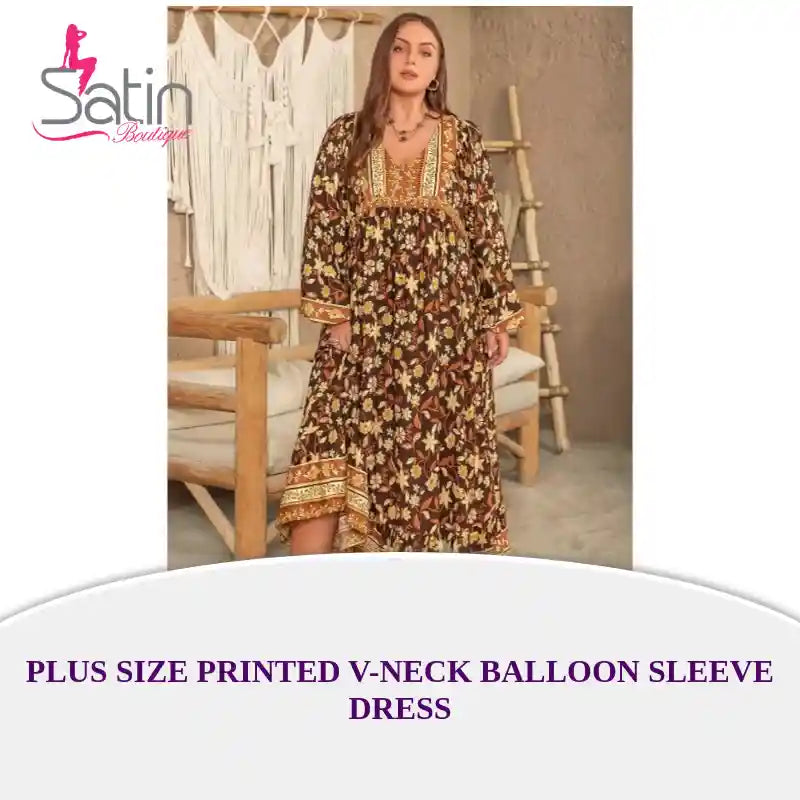 Plus Size Printed V-Neck Balloon Sleeve Dress by@Outfy
