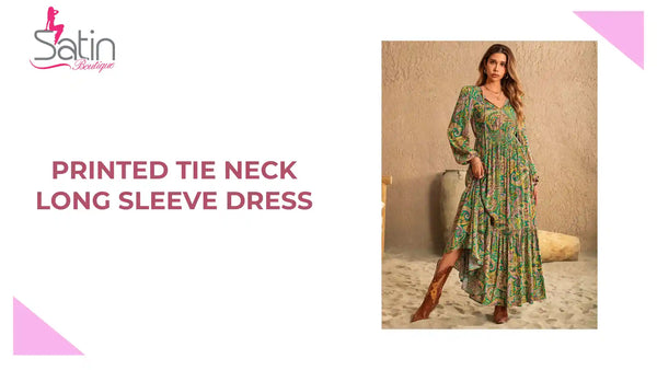 Printed Tie Neck Long Sleeve Dress by@Outfy