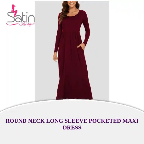 Round Neck Long Sleeve Pocketed Maxi Dress by@Outfy