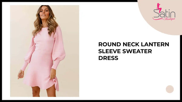 Round Neck Lantern Sleeve Sweater Dress by@Outfy