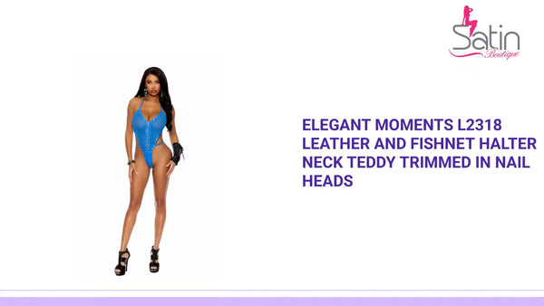 Elegant Moments L2318 Leather and fishnet halter neck teddy trimmed in nail heads by@Outfy