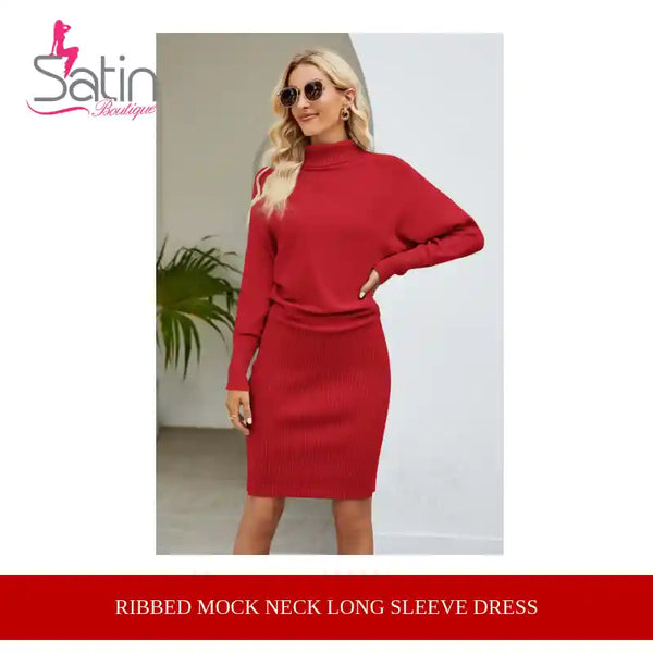 Ribbed Mock Neck Long Sleeve Dress by@Outfy