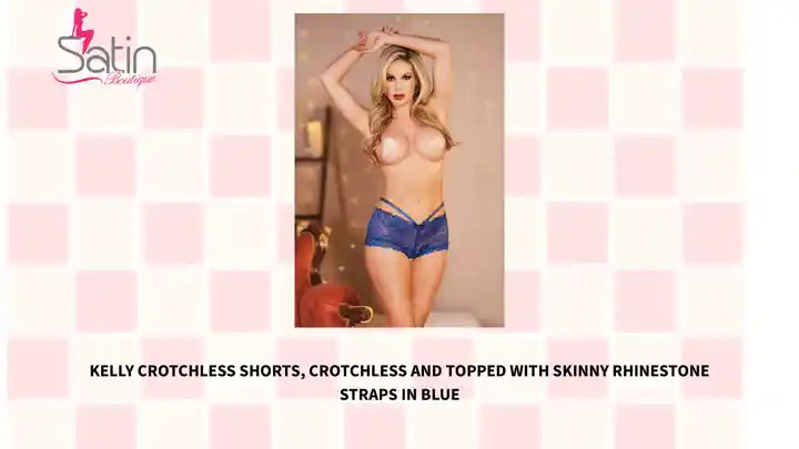 Kelly Crotchless Shorts, crotchless and topped with skinny rhinestone straps in Blue by@Outfy