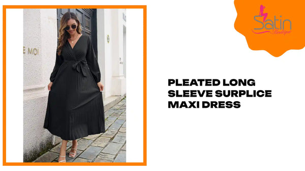 Pleated Long Sleeve Surplice Maxi Dress by@Outfy