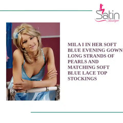 МІЛА І ў сваёй пяшчотна-блакітнай вячэрняй сукенцы з доўгімі ніткамі жэмчугу і ў тон пяшчотна-блакітным карункавым верхам-панчохам ад @Outfy