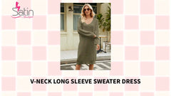 V-Neck Long Sleeve Sweater Dress by@Outfy