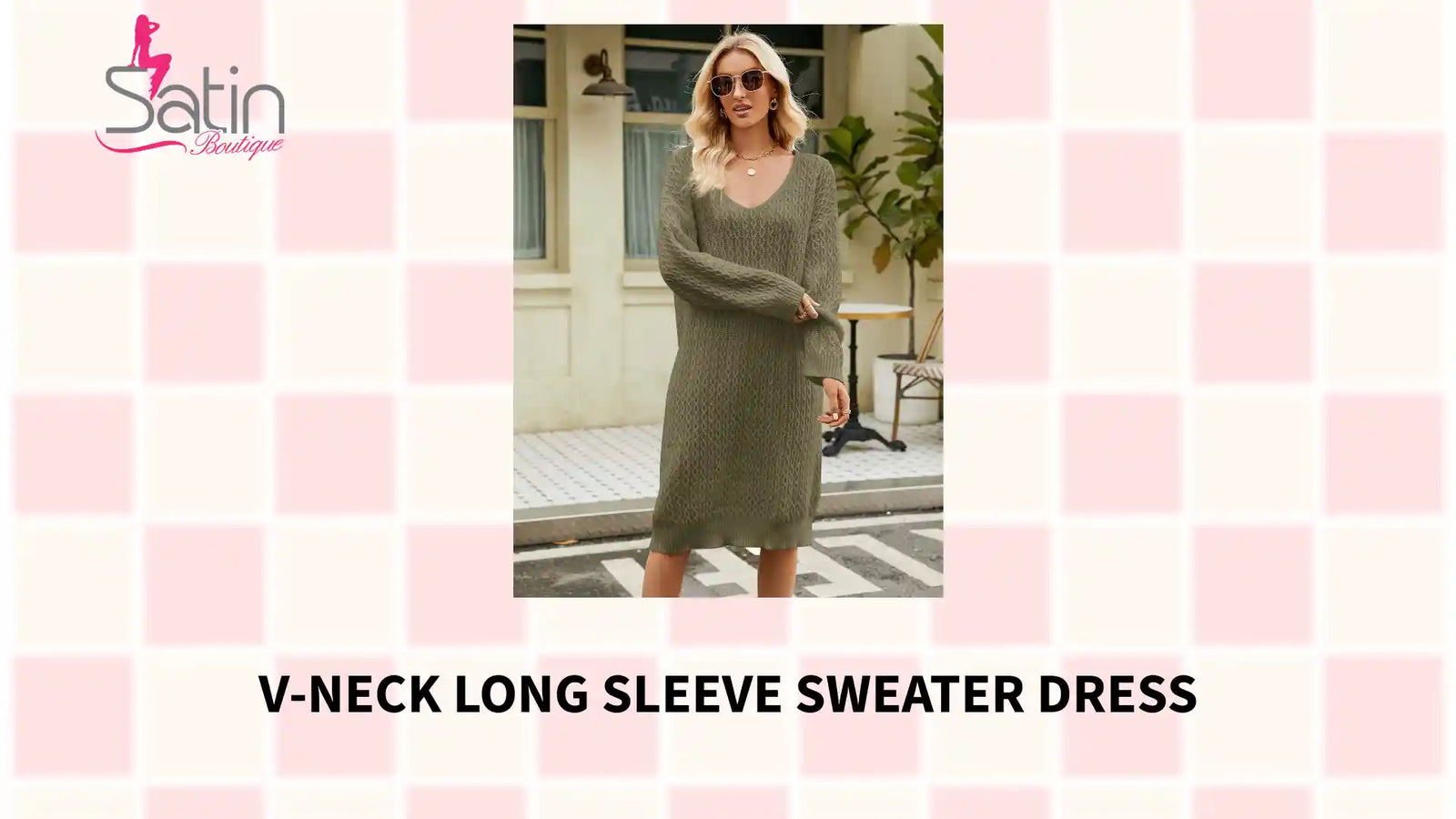 V-Neck Long Sleeve Sweater Dress by@Outfy