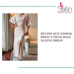 Devine Slit Animal Print V-Neck Half Sleeve Dress by@Outfy
