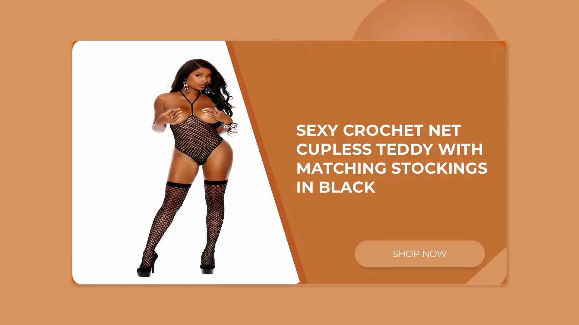 Sexy Crochet net cupless teddy with matching stockings in Black by@Outfy