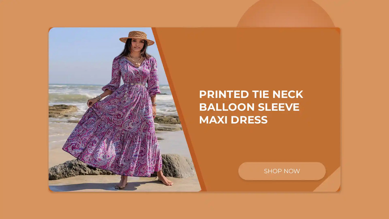 Printed Tie Neck Balloon Sleeve Maxi Dress by@Outfy