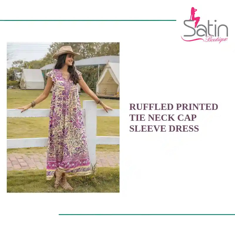 Ruffled Printed Tie Neck Cap Sleeve Dress by@Outfy