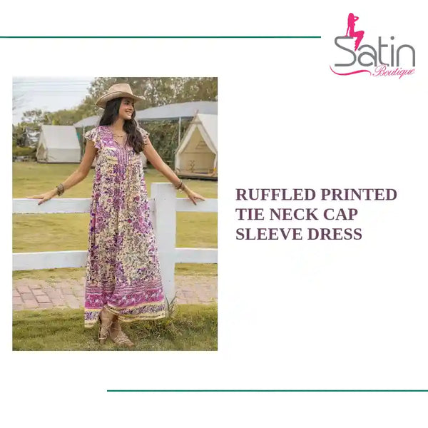 Ruffled Printed Tie Neck Cap Sleeve Dress by@Outfy