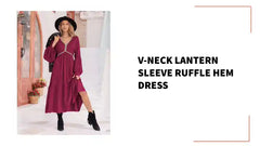 V-Neck Lantern Sleeve Ruffle Hem Dress by@Outfy