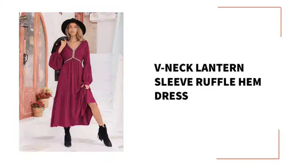 V-Neck Lantern Sleeve Ruffle Hem Dress by@Outfy