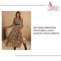 Ruched Printed Notched Long Sleeve Maxi Dress by@Outfy