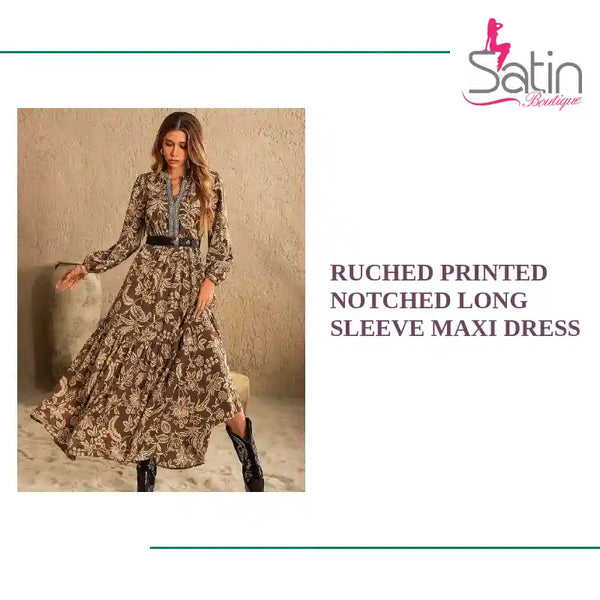 Ruched Printed Notched Long Sleeve Maxi Dress by@Outfy