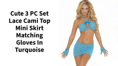 Cute 3 PC Set Lace Cami Top Mini Skirt matching Gloves in Turquoise by@Outfy
