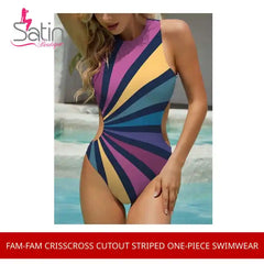 FAM-FAM Crisscross Cutout Striped One-Piece Swimwear by@Outfy