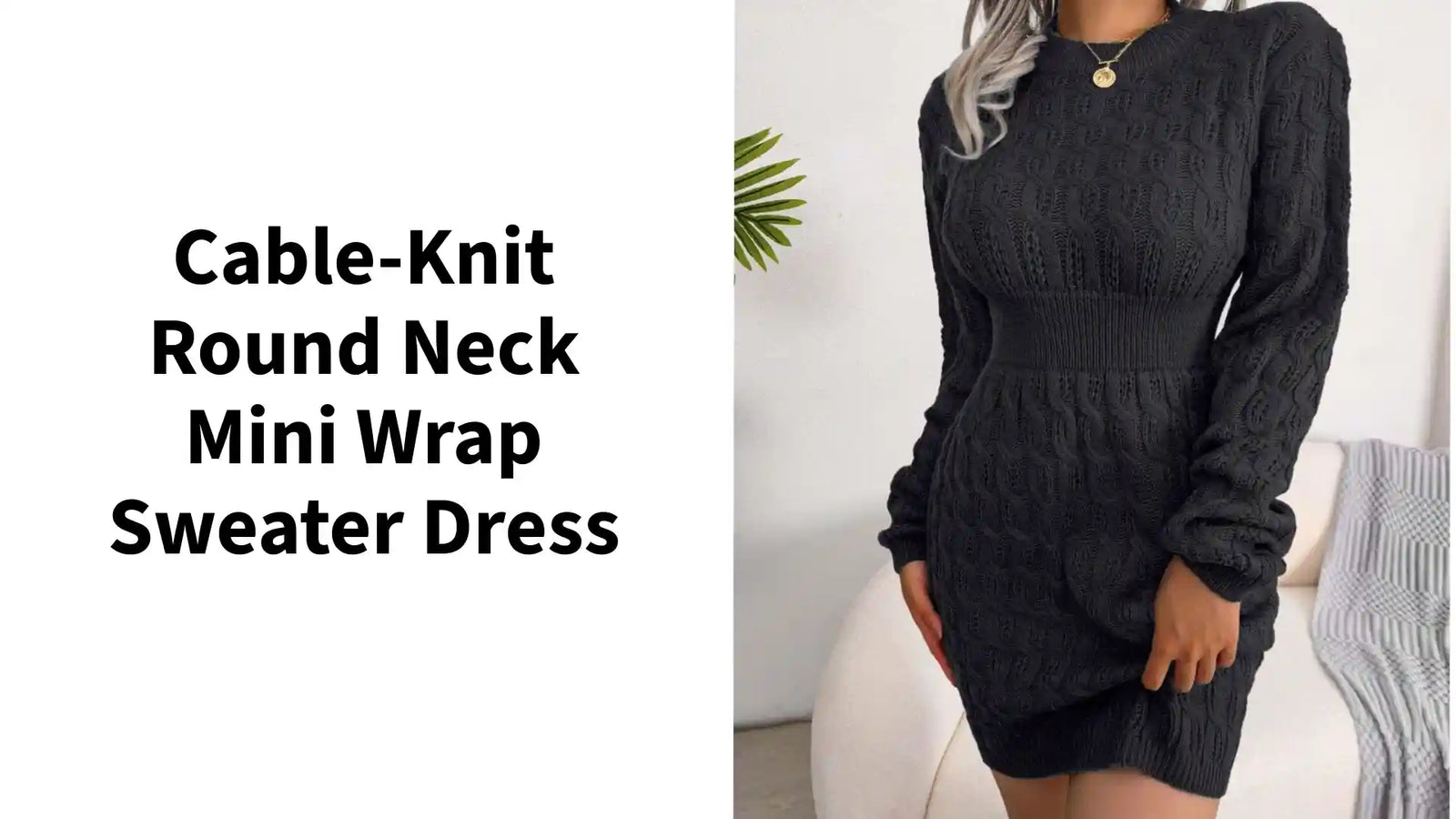 Cable-Knit Round Neck Mini Wrap Sweater Dress by@Outfy