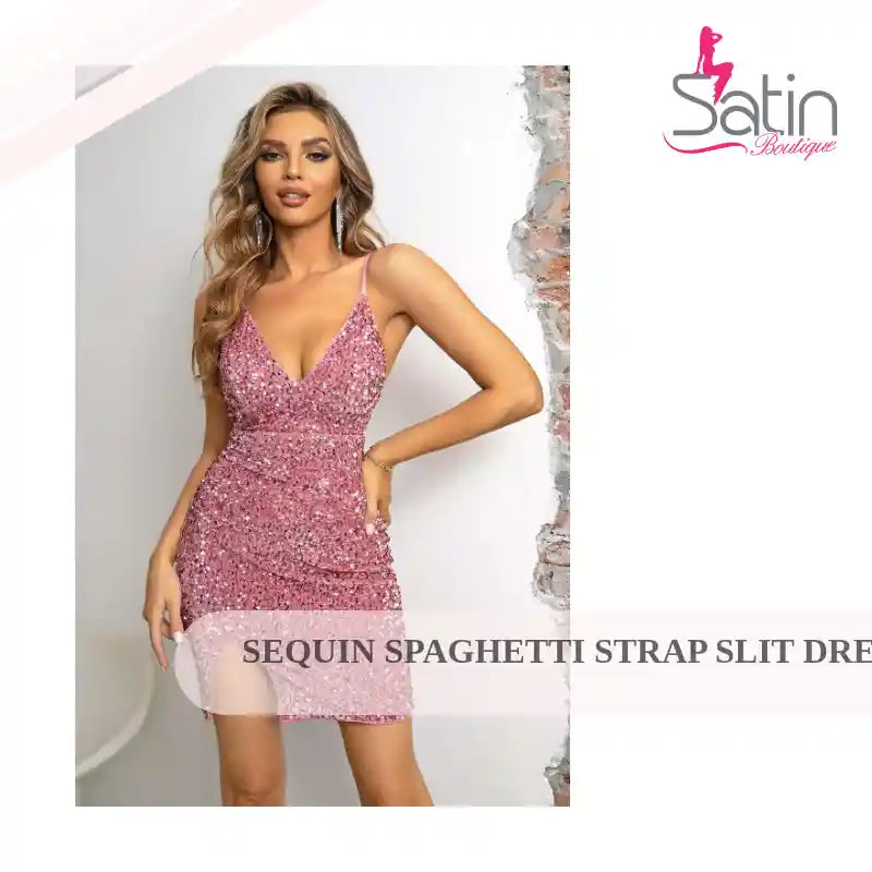 Sequin Spaghetti Strap Slit Dress by@Outfy
