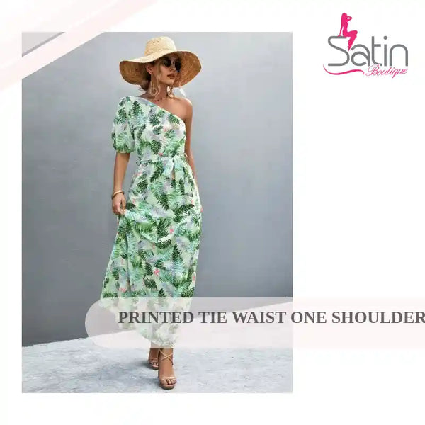 Printed Tie Waist One Shoulder Maxi Dress by@Outfy