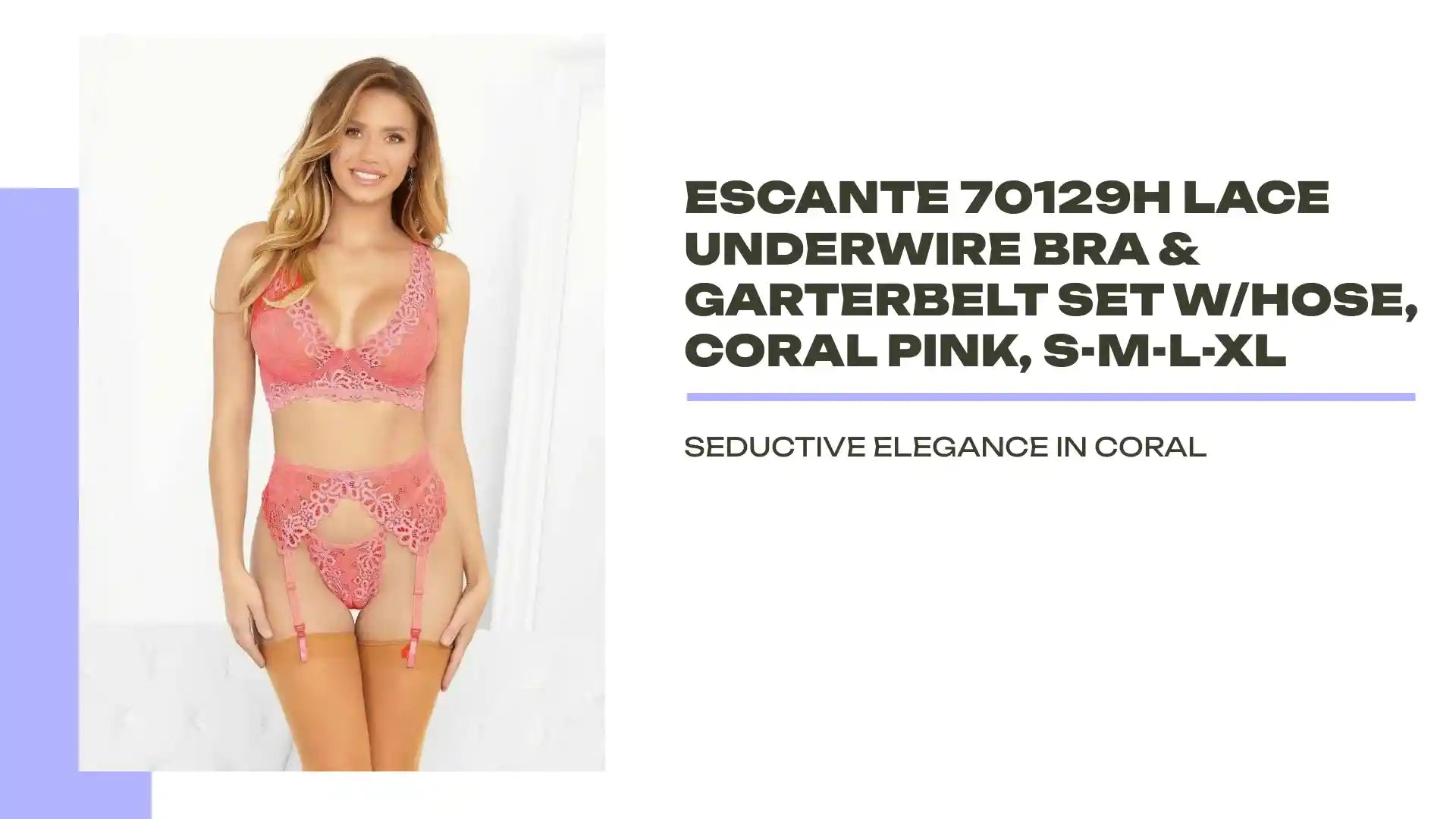 Escante 70129H Lace Underwire Bra &amp; Garterbelt Set w/Hose, Coral Pink, S-M-L-XL by@Outfy