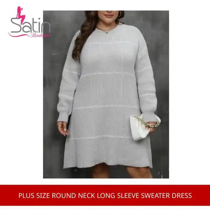 Plus Size Round Neck Long Sleeve Sweater Dress by@Outfy