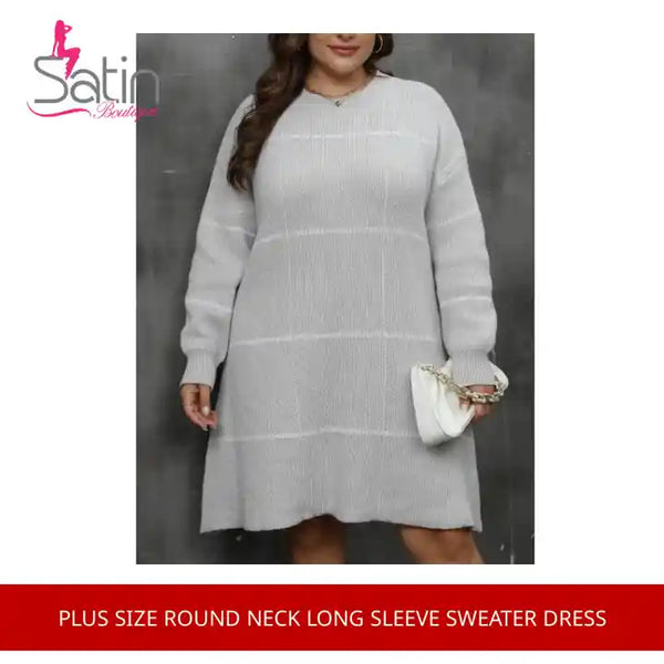 Plus Size Round Neck Long Sleeve Sweater Dress by@Outfy