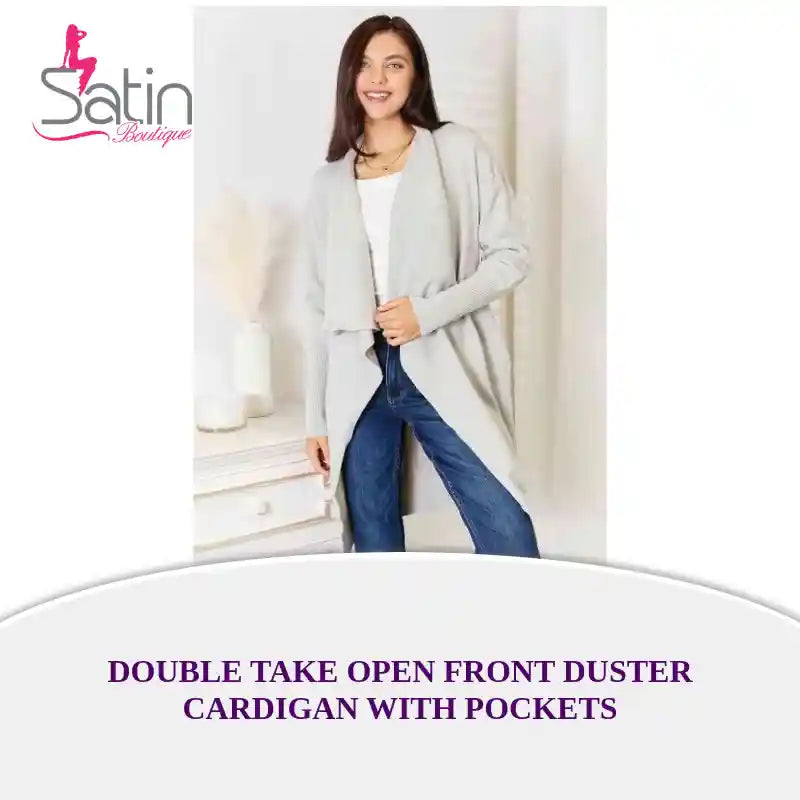Double Take Open Front Duster Cardigan with Pockets by@Outfy