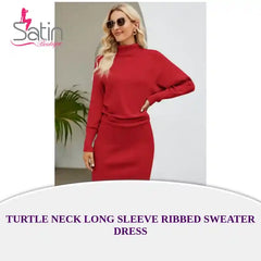 Turtle Neck Long Sleeve Ribbed Sweater Dress by@Outfy