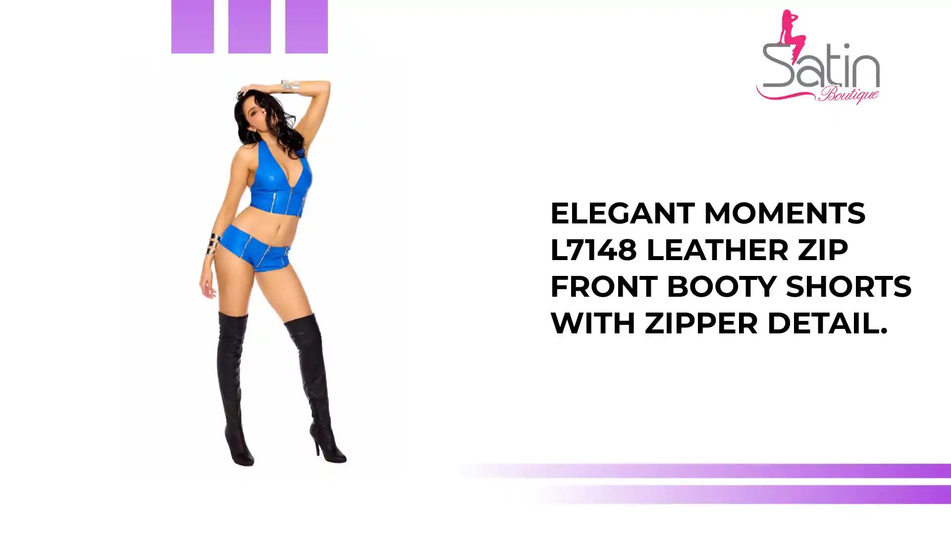 Elegant Moments L7148 Leather zip front booty shorts with zipper detail. by@Outfy