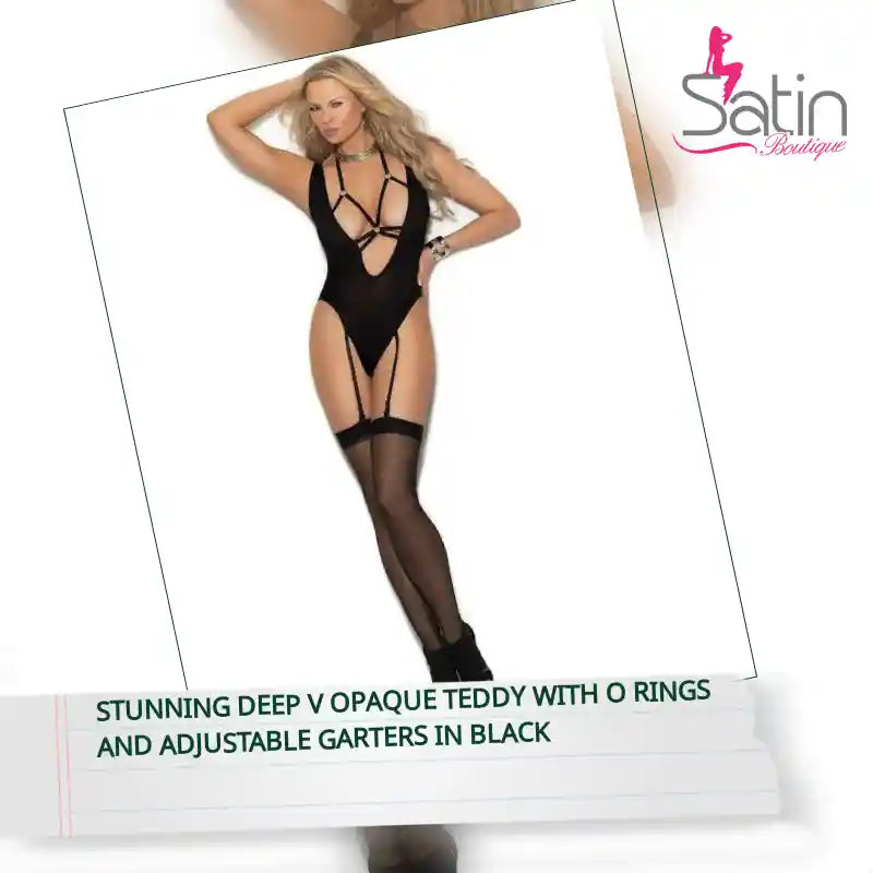 Stunning Deep V opaque Teddy with O rings and adjustable garters in Black by@Outfy