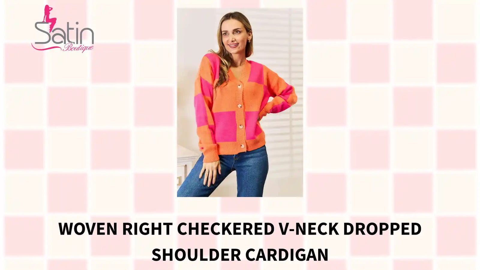 Woven Right Checkered V-Neck Dropped Shoulder Cardigan by@Outfy