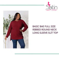 Basic Bae Full Size Ribbed Round Neck Long Sleeve Slit Top by@Outfy