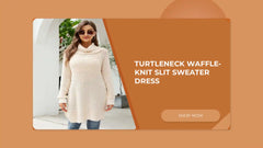 Turtleneck Waffle-Knit Slit Sweater Dress by@Outfy