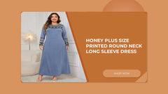 Honey Plus Size Printed Round Neck Long Sleeve Dress by@Outfy