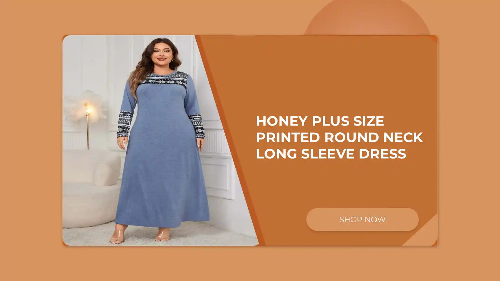 Honey Plus Size Printed Round Neck Long Sleeve Dress by@Outfy