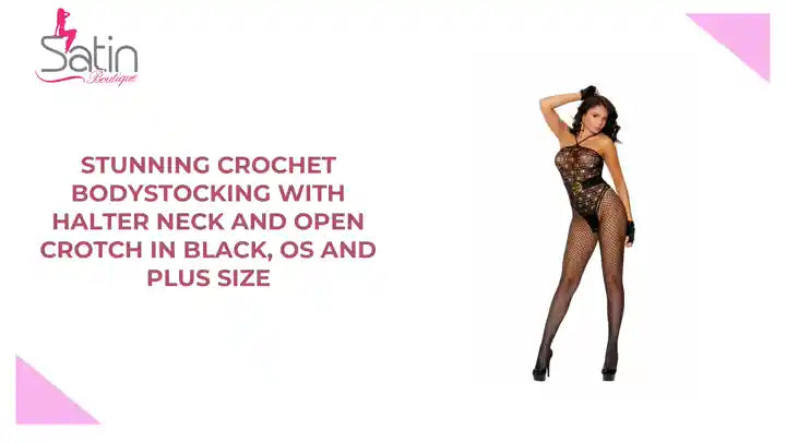Stunning Crochet bodystocking with halter neck and open crotch in Black, OS and Plus Size by@Outfy