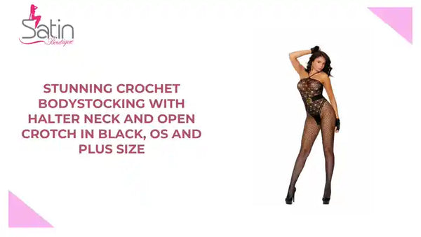 Stunning Crochet bodystocking with halter neck and open crotch in Black, OS and Plus Size by@Outfy
