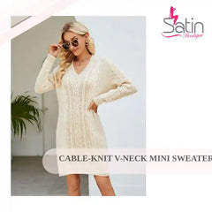 Cable-Knit V-Neck Mini Sweater Dress by@Outfy