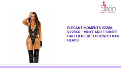 Elegant Moments V2286, V2286X &ndash; Vinyl and fishnet halter neck teddy,with nail heads by@Outfy
