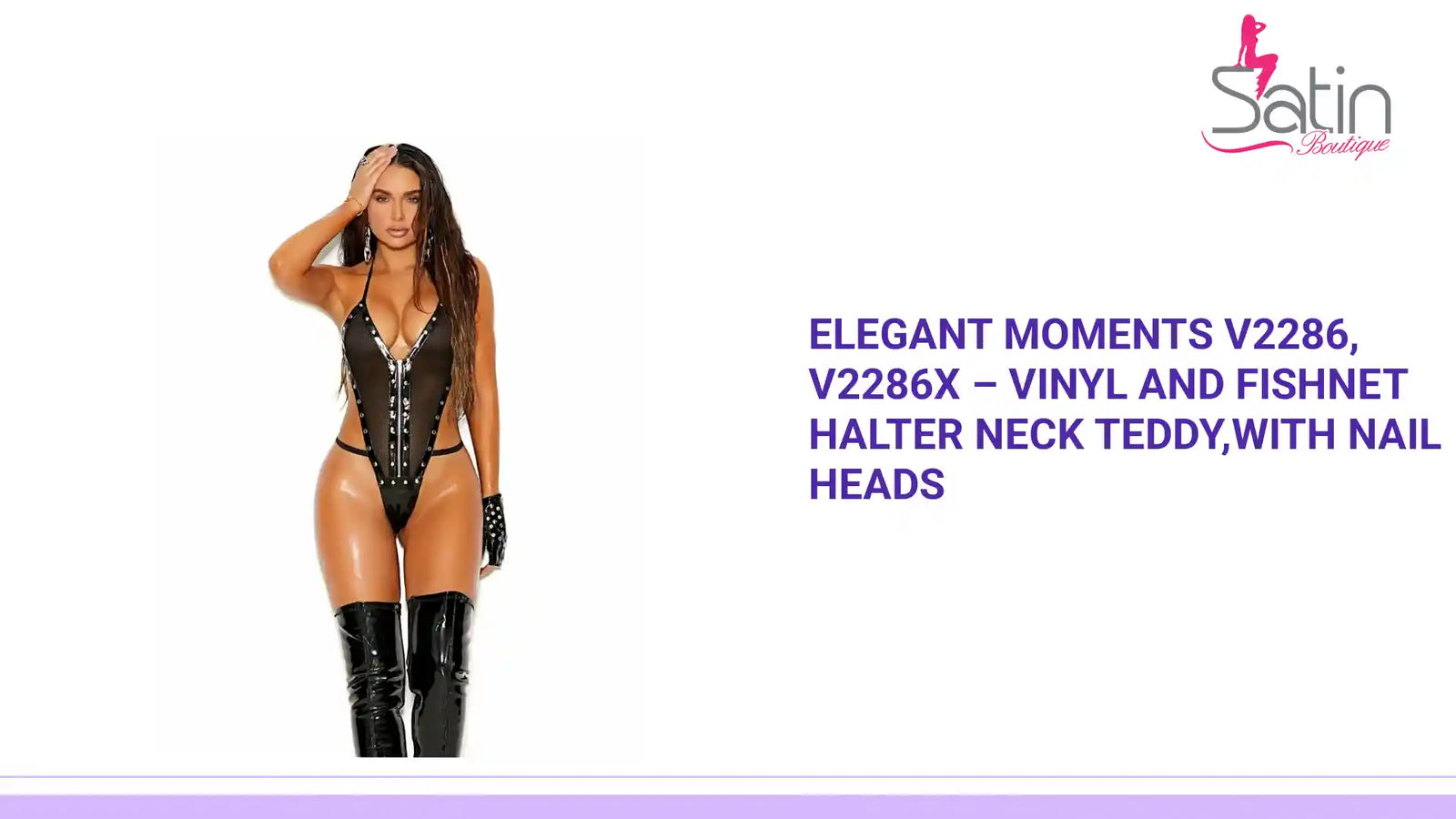 Elegant Moments V2286, V2286X &ndash; Vinyl and fishnet halter neck teddy,with nail heads by@Outfy