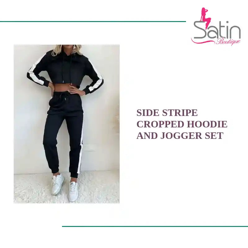 Side Stripe Cropped Hoodie and Jogger Set by@Outfy